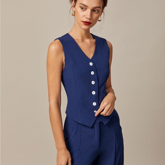 Rihoas Navy V Neck Button Up Sleeveless Vest - Picture 3 of 7